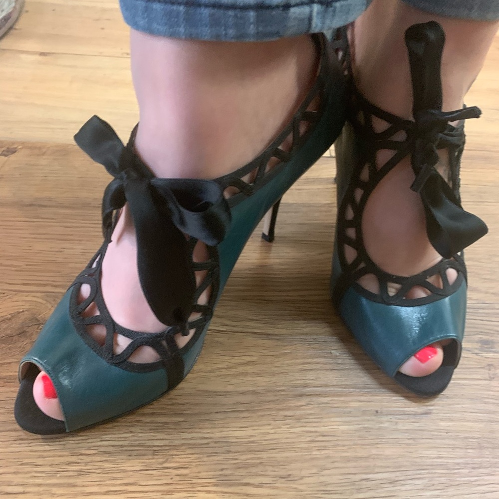 Valentino Garavani Blue and Black Peep-Toe Heels